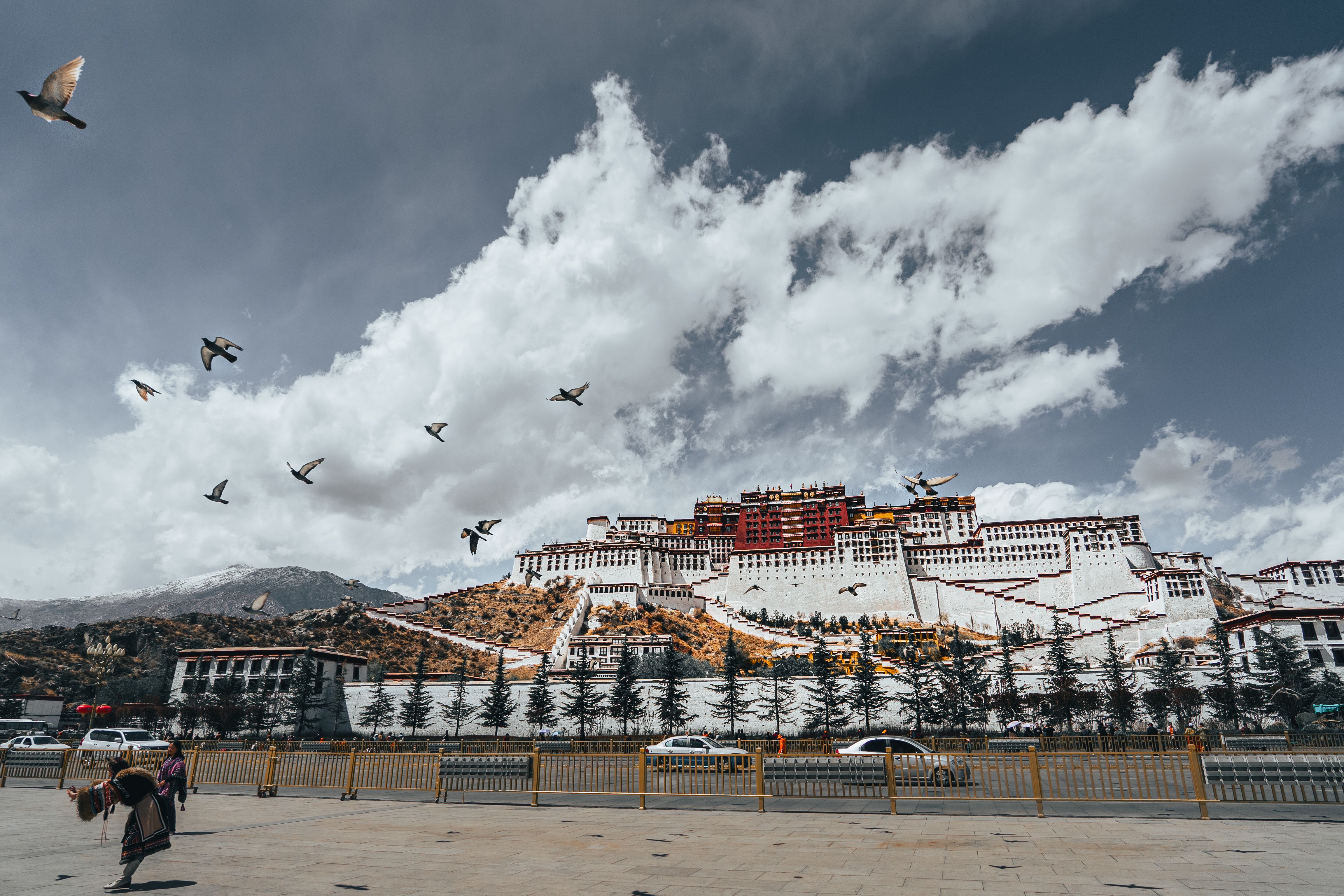 A large white-and-red tiered palace complex stands on a hillside under a dramatic sky of dark clouds and a bright cumulus formation, with a flock of birds flying across the foreground, a paved plaza with a metal railing and parked cars below, a snow-capped mountain to the left, and a person in a dark fur-trimmed coat and hat walking across the square in the foreground.