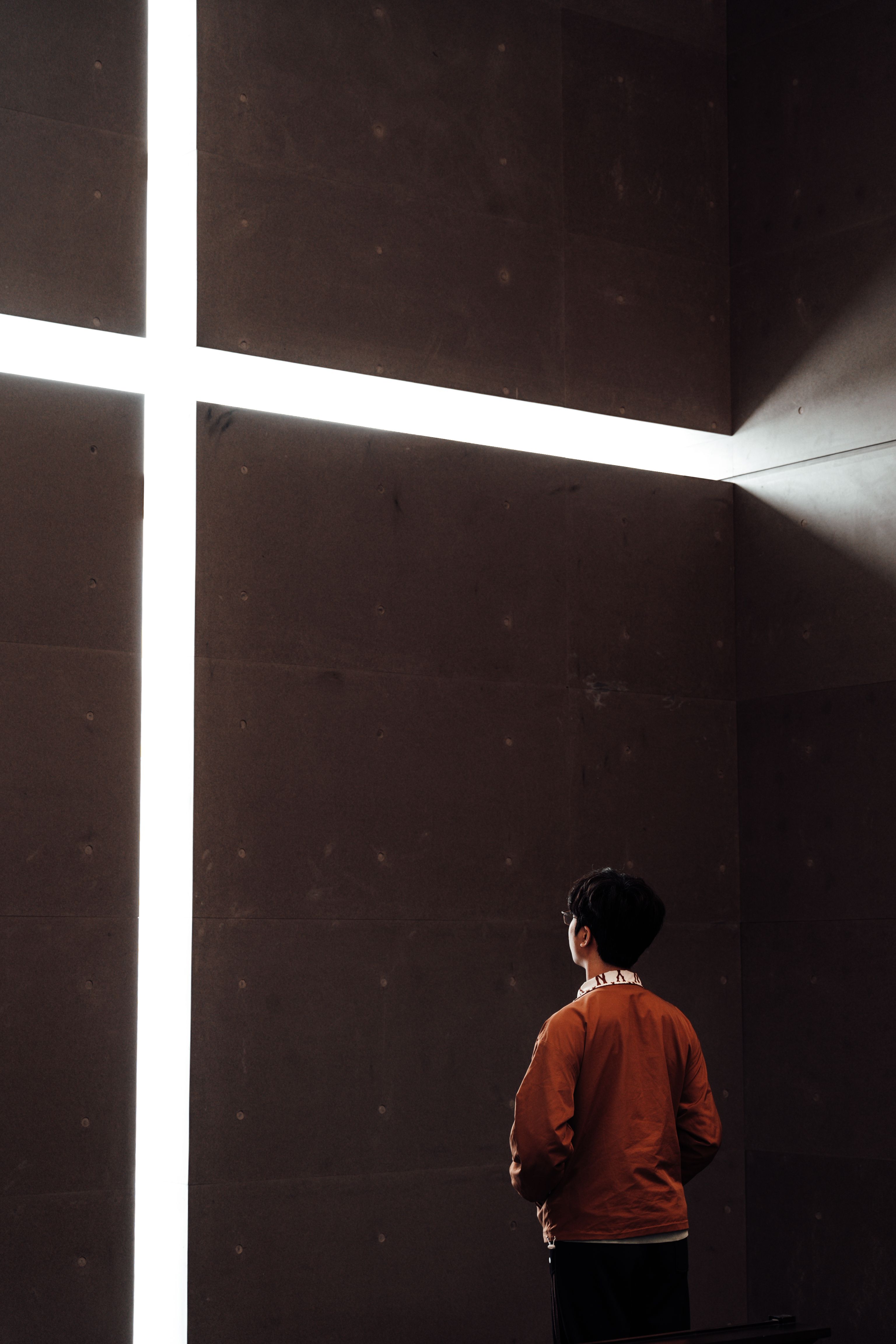 A person with short dark hair, wearing a rust-orange jacket, stands with their back to the camera in a dim, bare concrete room, facing a bright horizontal and vertical beam of light that cross to form an X on the wall to their left.